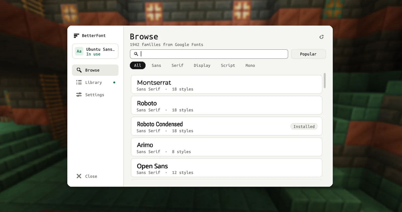 The font browser: every Google Fonts family, with search and filters for sans, serif, display, script and mono.