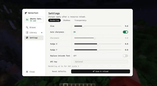 Rendering settings: size, sharpness and fine position.