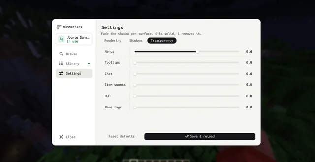 Shadow transparency, set on its own for menus, tooltips, chat, item counts, the HUD and name tags.