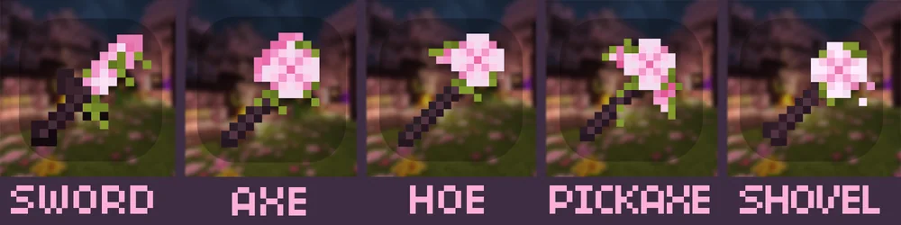 The sword, axe, hoe, pickaxe and shovel.